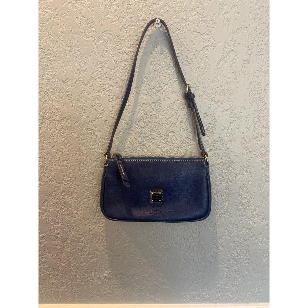 Dooney & Bourke Navy Blue Saffiano Leather Shoulder Bag Small Gold Logo Plaque